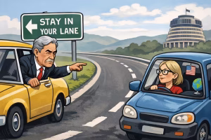 stay in her New Zealand lane satire cartoon showing Winston Peters pointing at the RBNZ Governor near the Beehive beside a “stay in your lane” sign