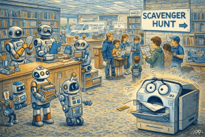 Shirley Library Robot Week satire cartoon: robots running a Christchurch library while humans queue for a scavenger hunt and the printer judges everyone
