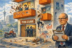 Auckland tenant eviction satire cartoon: CBD apartment block chaos with a balcony escape, loud party, and a tribunal clipboard