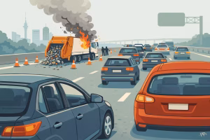 Auckland rubbish truck fire satire cartoon showing a smoking rubbish truck on SH20 while trapped drivers clutch coffees and stare into the void