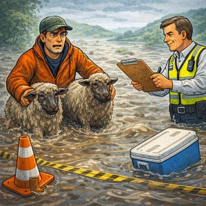 Cartoon of a soaked farm worker guiding sheep through floodwater while a council clipboard offers a “resilience workshop” (Banks Peninsula sheep rescue)