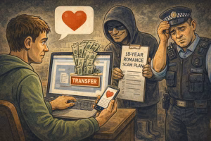 Cartoon of a person at a laptop sending money with a heart emoji, while a scammer in a hoodie holds a clipboard labelled “18-year romance scam plan” and a police officer looks exhausted