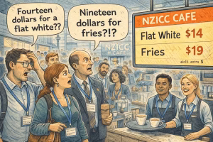 NZICC opening satire cartoon showing conference crowds in lanyards staring at a menu with “$14 Flat White” and “$19 Fries” while staff smile painfully