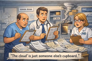 Cartoon of hospital staff surrounded by clipboards and paper charts while an “IT box” smokes in a cupboard