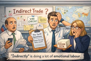 Cartoon of New Zealand officials panicking over “indirect trade” while holding a clipboard and a block of feta