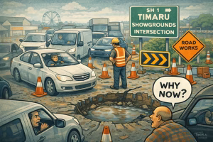 Timaru intersection upgrade satire cartoon with SH1 cones, Showgrounds traffic and a crater pothole, flat editorial style